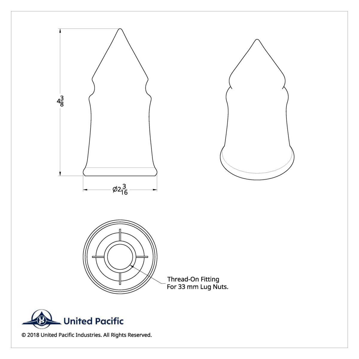 UP - 10553B: 33mm X 4-3/8" Chrome Plastic V-Spike Nut Cover - Thread-On  (10-pack)