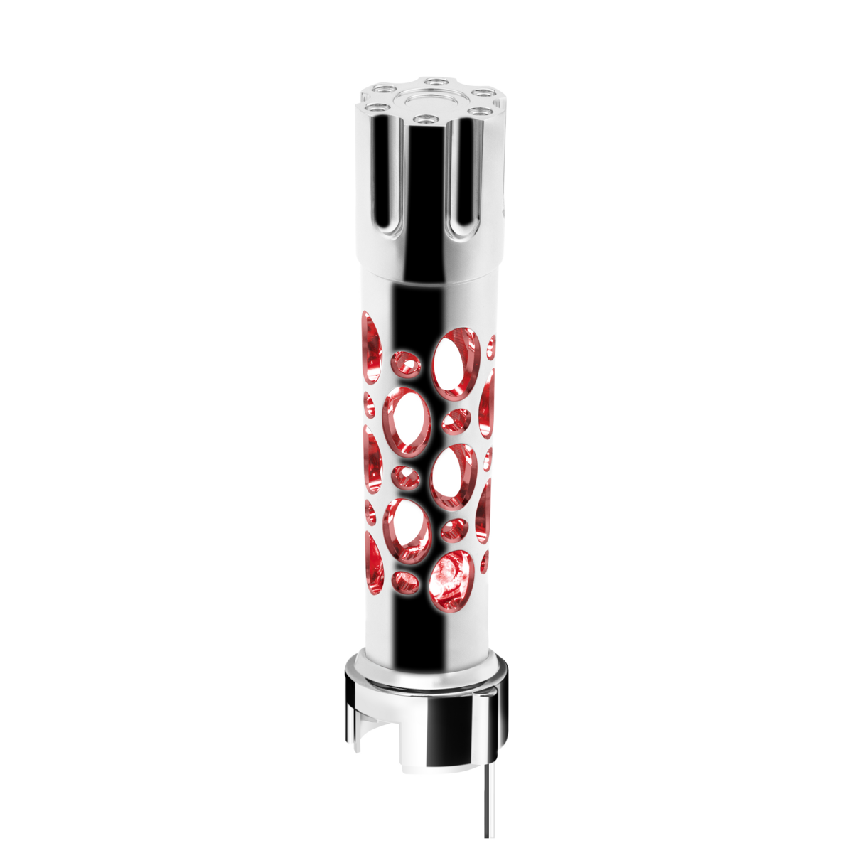 UNITED PACIFIC - 70725 : Austin Style Gun Cylinder Gearshift Knob With LED 13/15/18 Speed Adapter - Chrome/Red LED