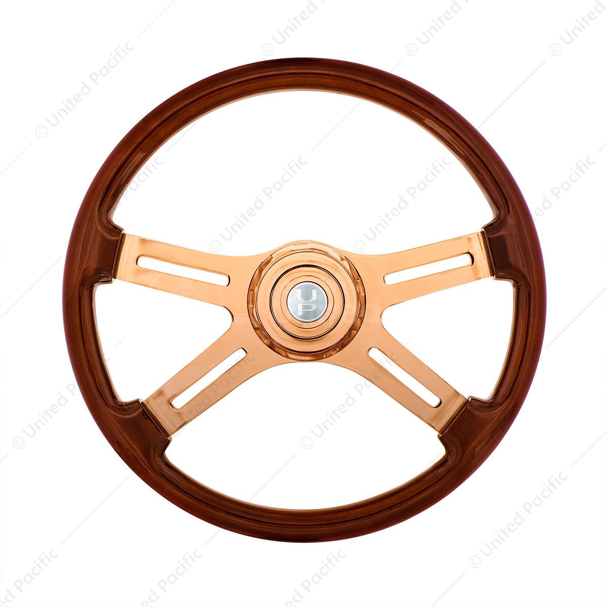 UP - 88119: 18" Rose Gold 4 Spoke Steering Wheel With Horn Button & Bezel-Wood Grain