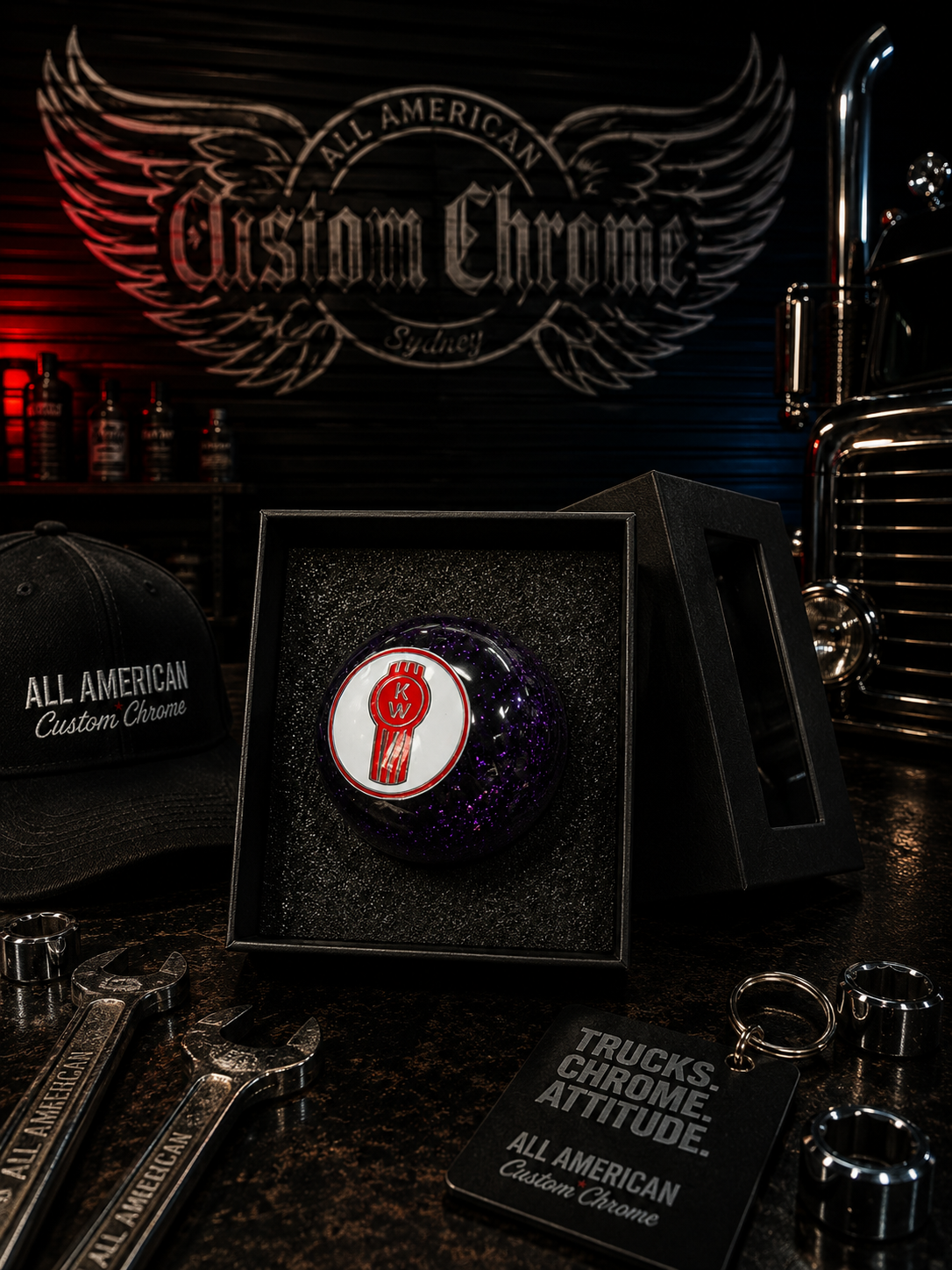 GS-SHKN-KW-PU/W  KENWORTH Purple Glitter Shift Knob