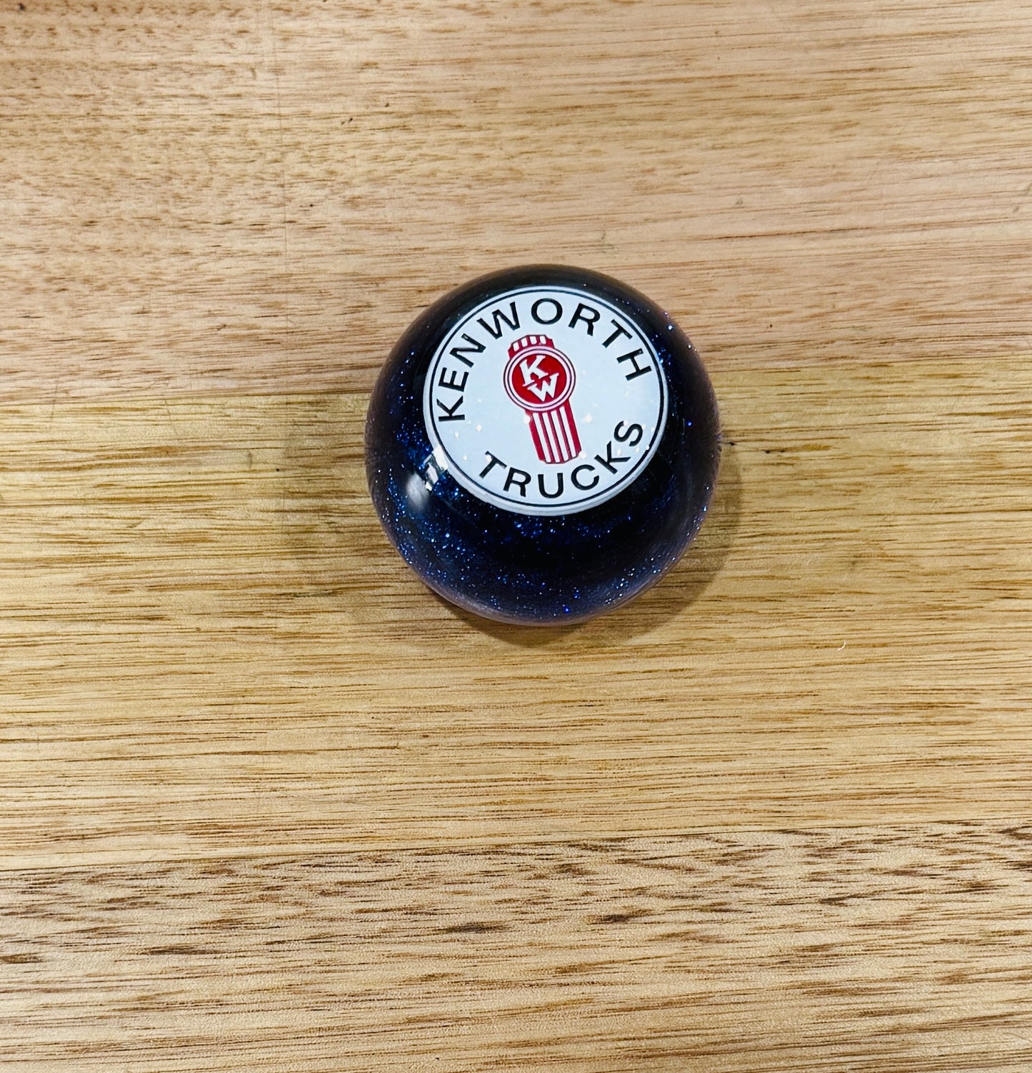 GS-KB8: KENWORTH Blue Glitter Round Gear Shifter Knob with Round white/red/black KW TRUCKS logo