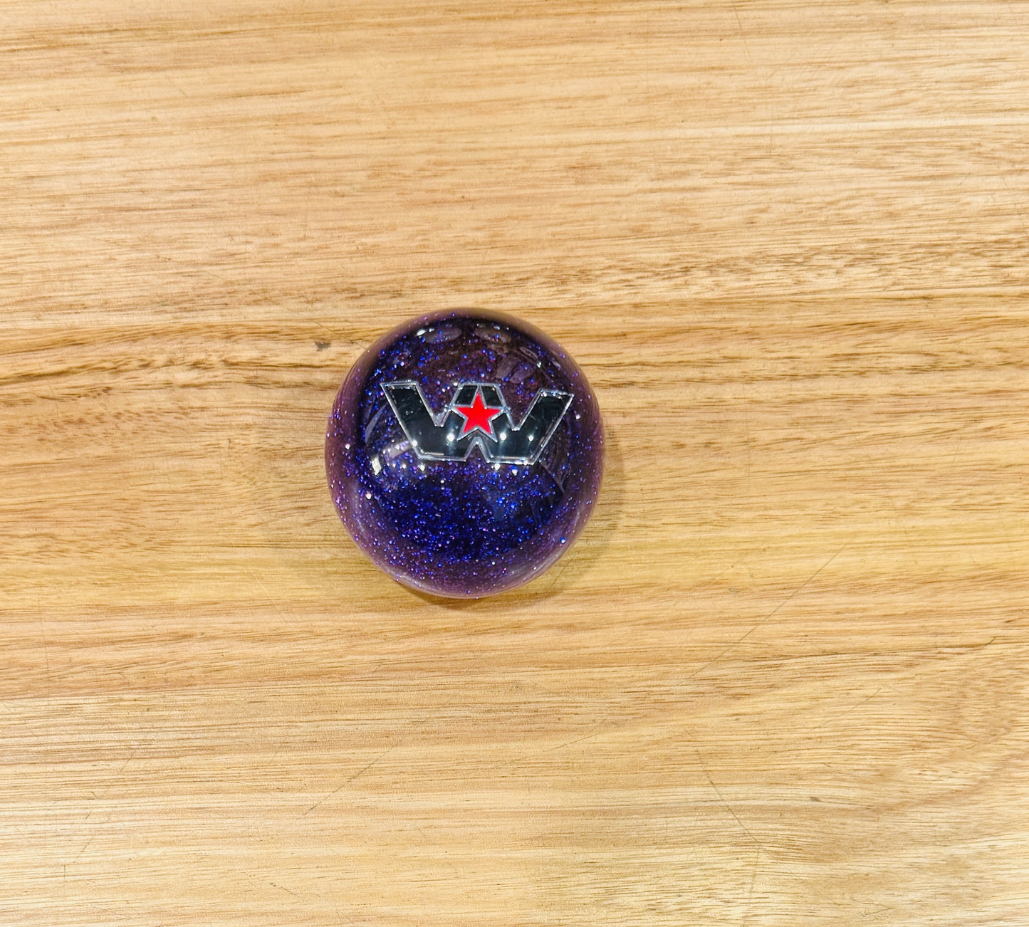 GS-WP1: WESTERN STAR Purple Glitter Gear Shifter Knob with Black W and silver outline