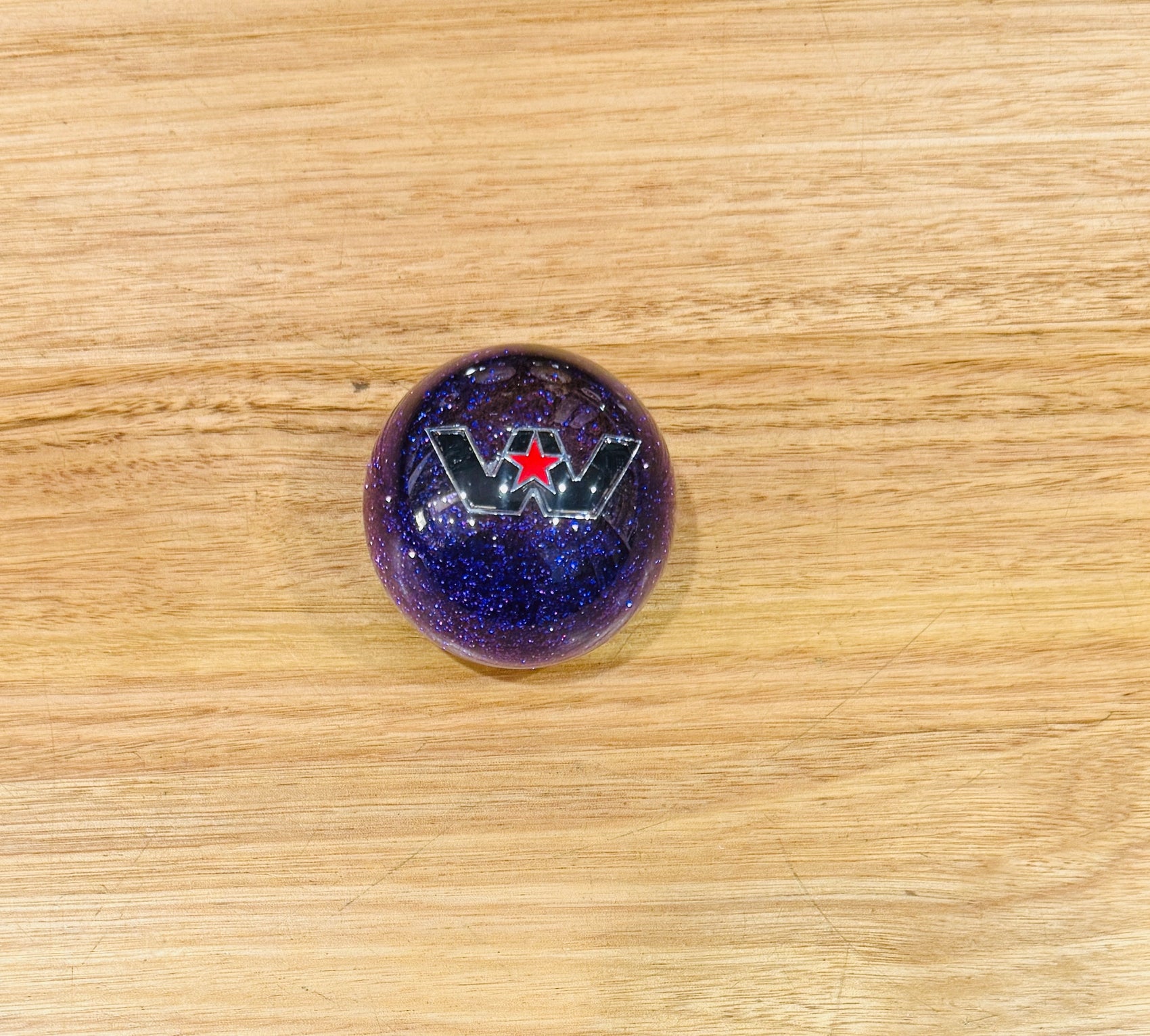 GS-WP1: WESTERN STAR Purple Glitter Gear Shifter Knob with Black W and silver outline