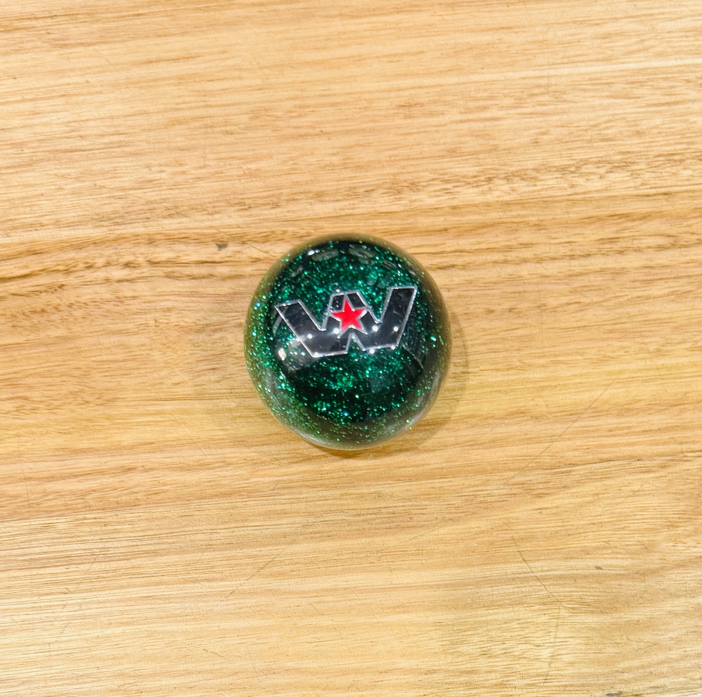 GS-WG1: WESTERN STAR Green Glitter Gear Shifter Knob with Black W and silver outline