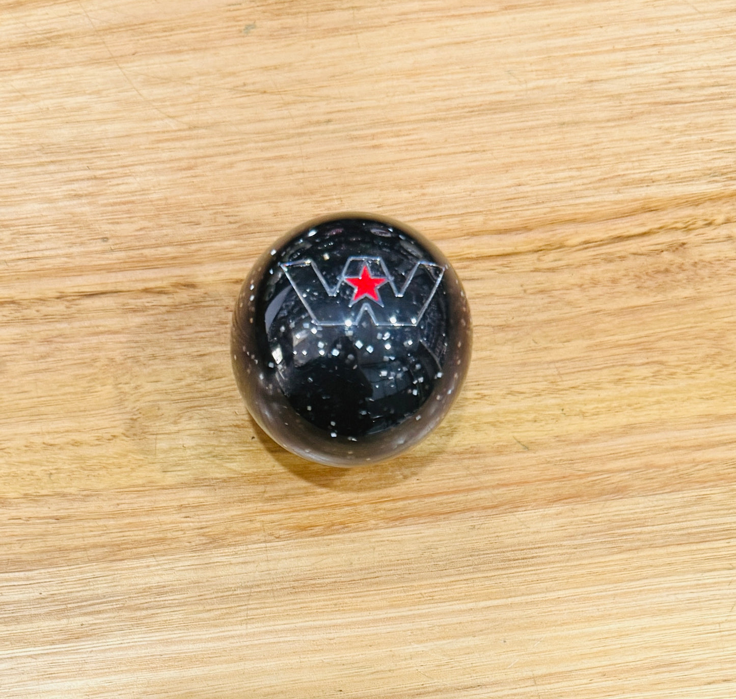 GS-WY1: WESTERN STAR Black Glitter Gear Shifter Knob with Black W and silver outline