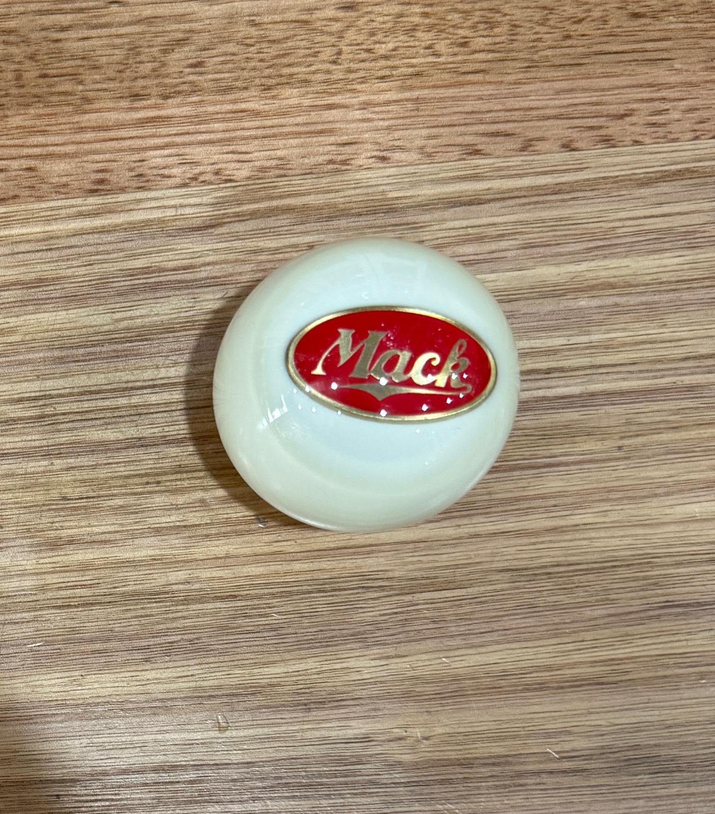 GS-MW2 : White Round Gear Shifter Knob with Oval red/brass MACK detail - with extended nut at base