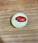 GS-MW2 : White Round Knob with Oval red/brass MACK detail - with extended nut at base