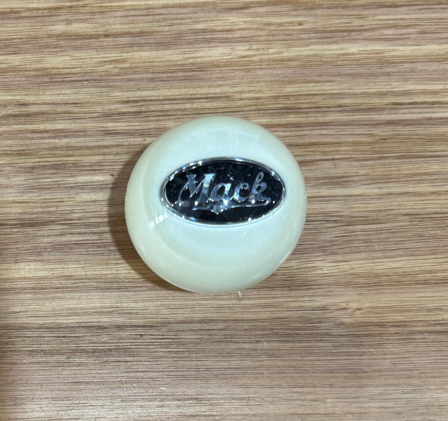 GS-MW3 : White Round Gear Shifter Knob with Oval black/silver MACK detail - with extended nut at base