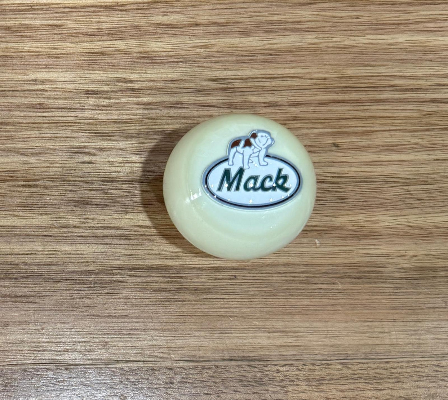 GS-MW4 : White Round Gear Shifter Knob with Oval green/black/white dog MACK detail - with extended nut at base