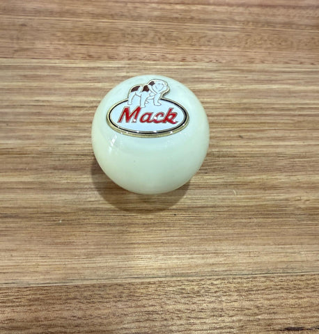 GS-MW5 : White Round Knob with Oval red/black/brass/white dog MACK detail - with extended nut at base