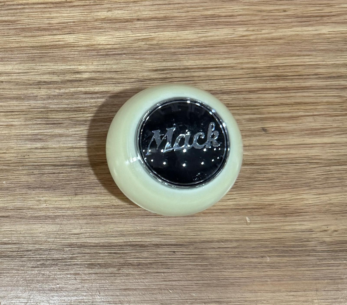 GS-MW6 : White Round Gear Shifter Knob with Round black/silver MACK detail - with extended nut at base