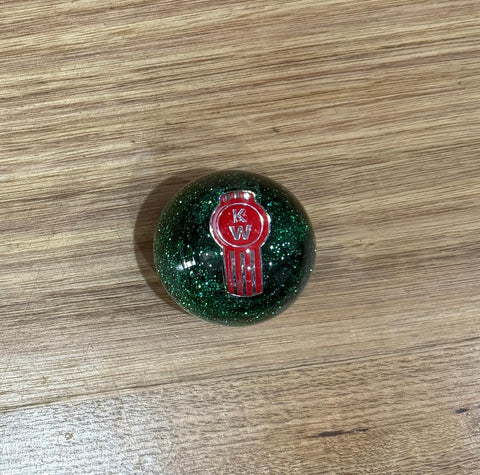 GS-KG1 :  Green Glitter Round Knob with red/silver KW logo detail WITH BLEMISH