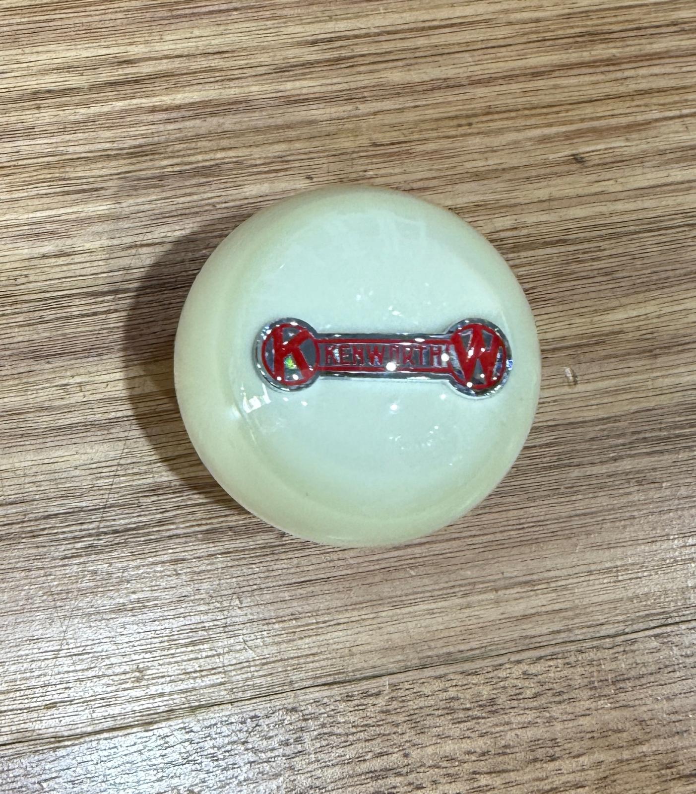 GS-KW14 : White Round Gear Shifter Knob with silver/red KENWORTH KW on each end strip logo detail