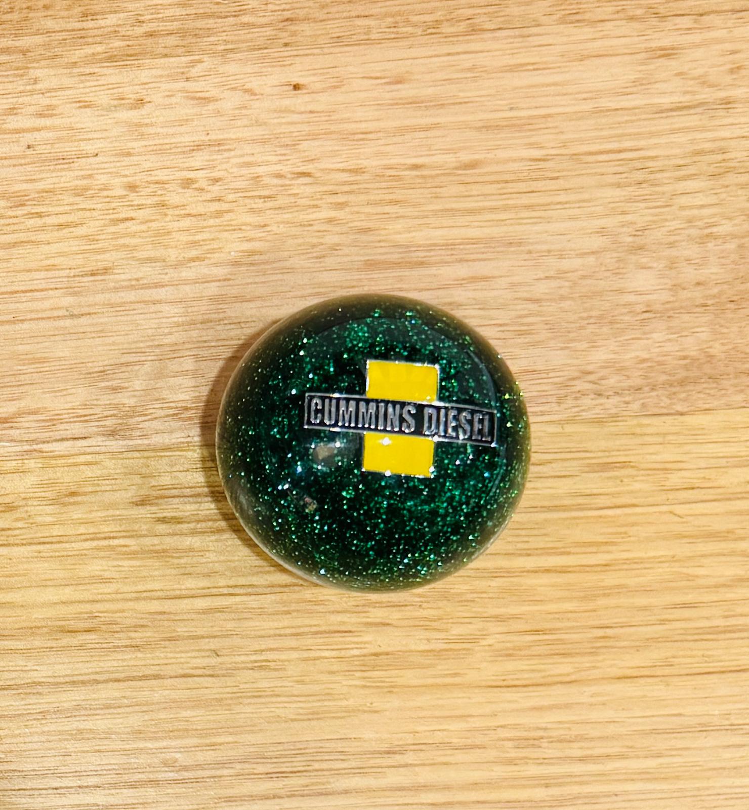 GS-CG2 : Green Glitter Round Gear Shifter Knob with black/yellow/silver CUMMINS detail