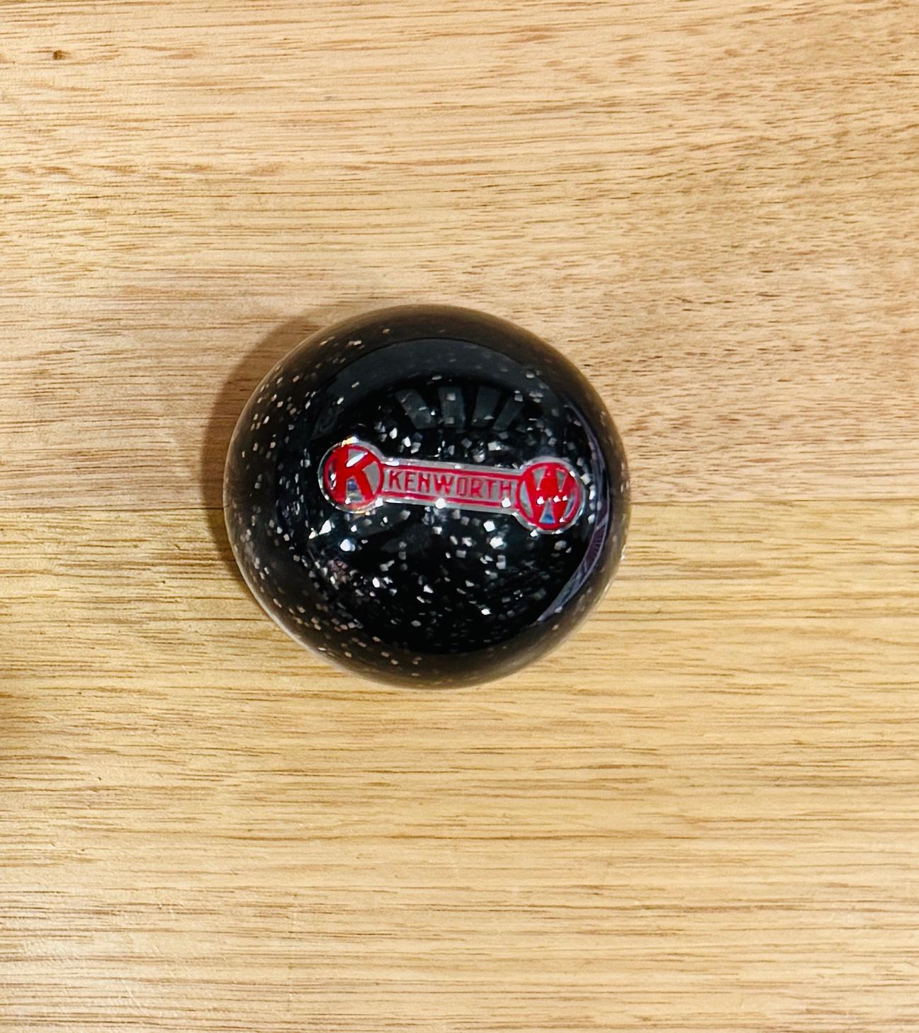 GS-KY12 : Black Glitter Round Gear Shifter Knob with red/silver KENWORTH dog bone shape detail