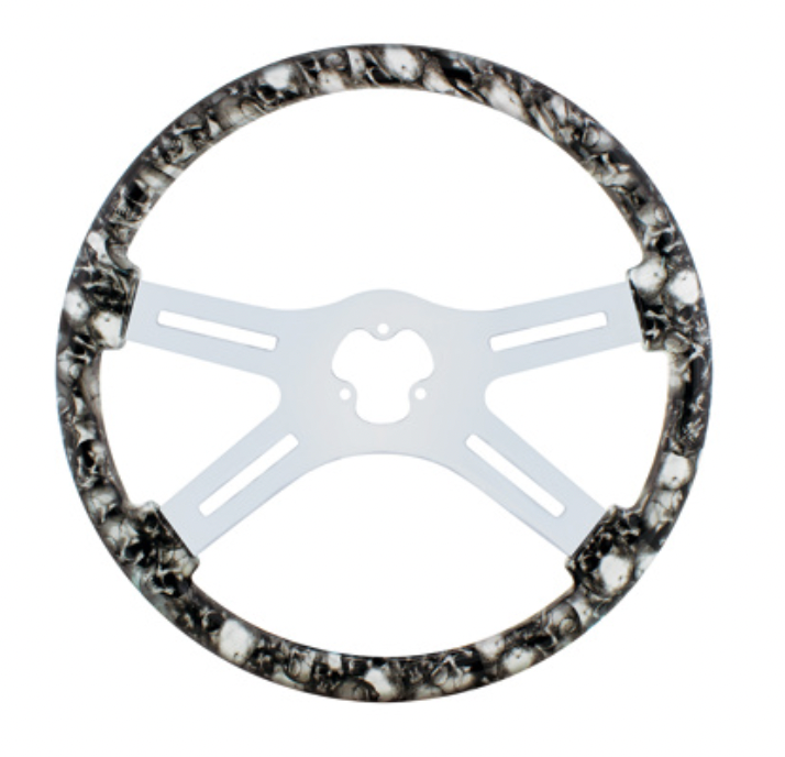 UNITED PACIFIC - 88234 : 18" SKULL STEERING WHEEL ONLY WITH HYDRO-DIP FINISH WOOD - WHITE/GREY - No Hub
