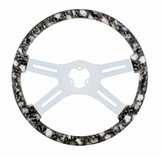 UNITED PACIFIC - 88234 : 18" SKULL STEERING WHEEL ONLY WITH HYDRO-DIP FINISH WOOD - WHITE/GREY - No Hub