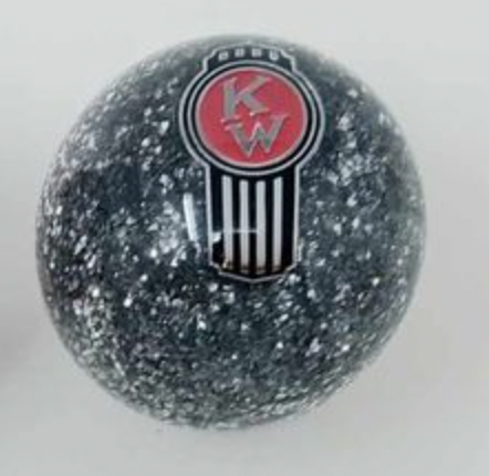 OSS-RSRBCKW : Silver Glitter Round Shifter Knob with Red/Black Kenworth Logo - Chrome Inside