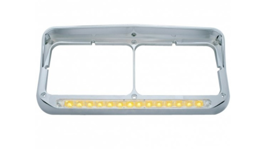 UNITED PACIFIC - 32352 : 14 LED CHROME RECTANGULAR DUAL HEADLIGHT BEZEL WITH VISOR - AMBER LED/CLEAR LENS