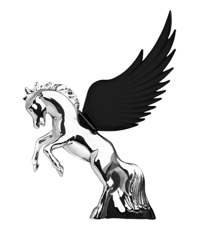 Grand General - 48394 : Chrome Fighting Stallion Hood Ornament With Black WindRiders 6.5"X7.5"