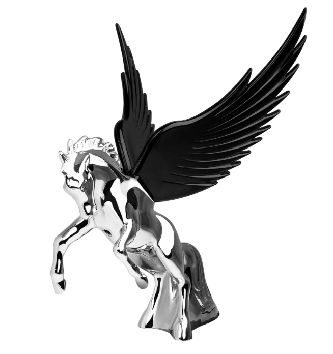 Grand General - 48394 : Chrome Fighting Stallion Hood Ornament With Black WindRiders 6.5"X7.5"