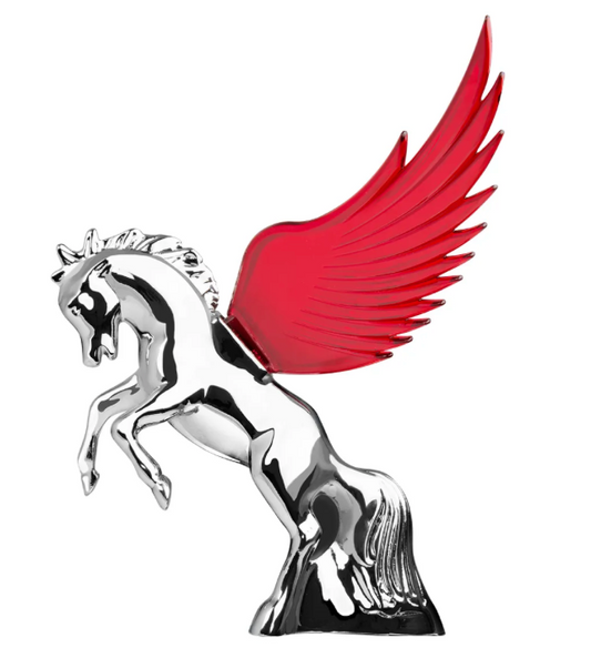 Grand General - 48393 : Chrome Fighting Stallion Hood Ornament With Red WindRiders 6.5" X7.5"