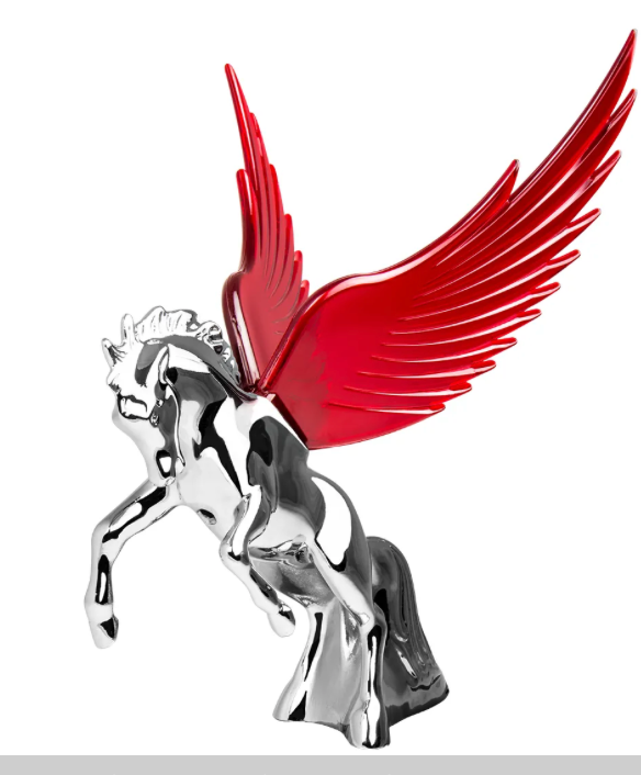 Grand General - 48393 : Chrome Fighting Stallion Hood Ornament With Red WindRiders 6.5" X7.5"
