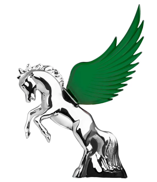 Grand General - 48392 : Chrome Fighting Stallion Hood Ornament With Green WindRiders 6.5"X7.5"