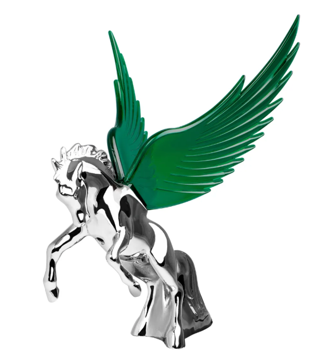 Grand General - 48392 : Chrome Fighting Stallion Hood Ornament With Green WindRiders 6.5"X7.5"