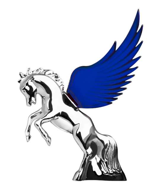 Grand General - 48391 : Chrome Fighting Stallion Hood Ornament With Blue WindRiders, 6.5"X7.5"