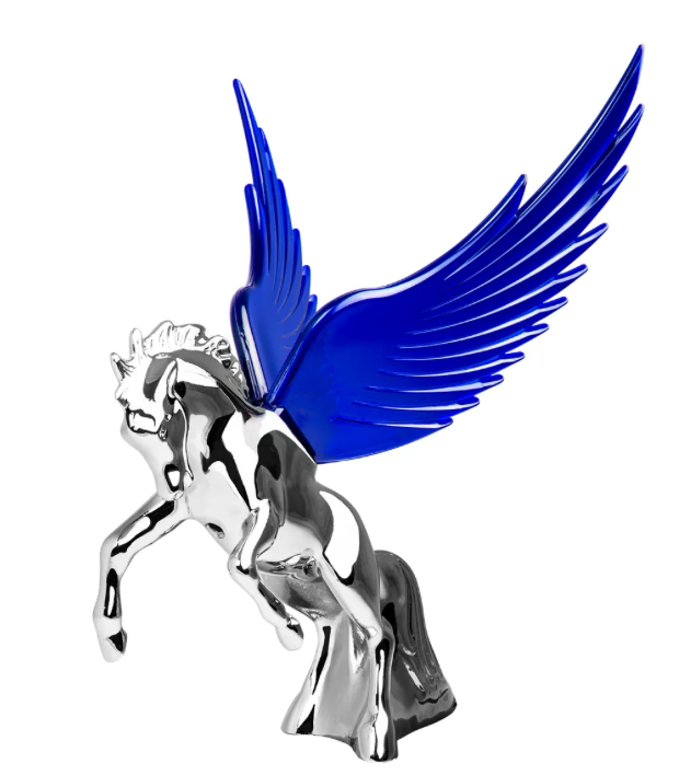 Grand General - 48391 : Chrome Fighting Stallion Hood Ornament With Blue WindRiders, 6.5"X7.5"