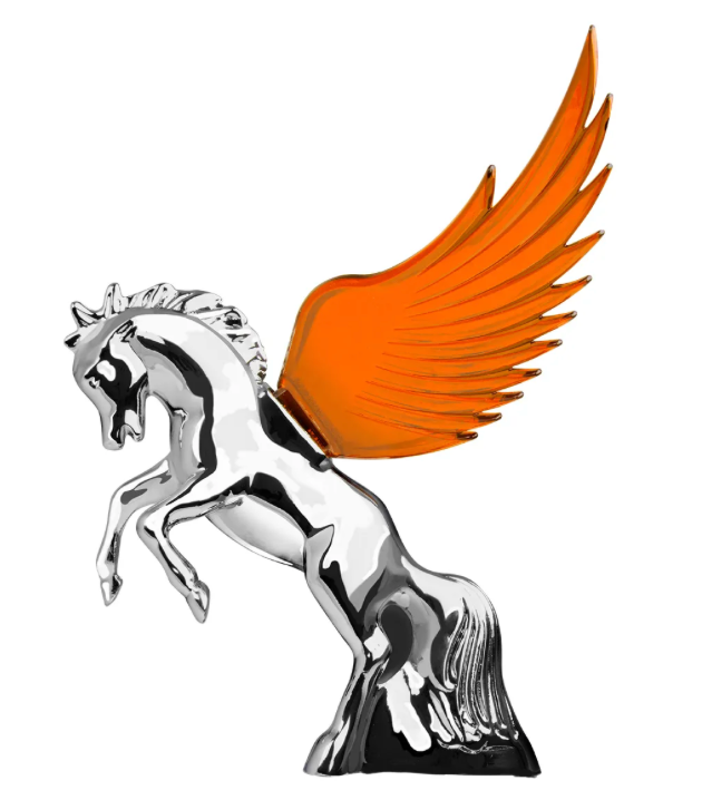 Grand General - 48390 : Chrome Fighting Stallion Hood Ornament With Amber WindRiders, 6.5"X7.5"