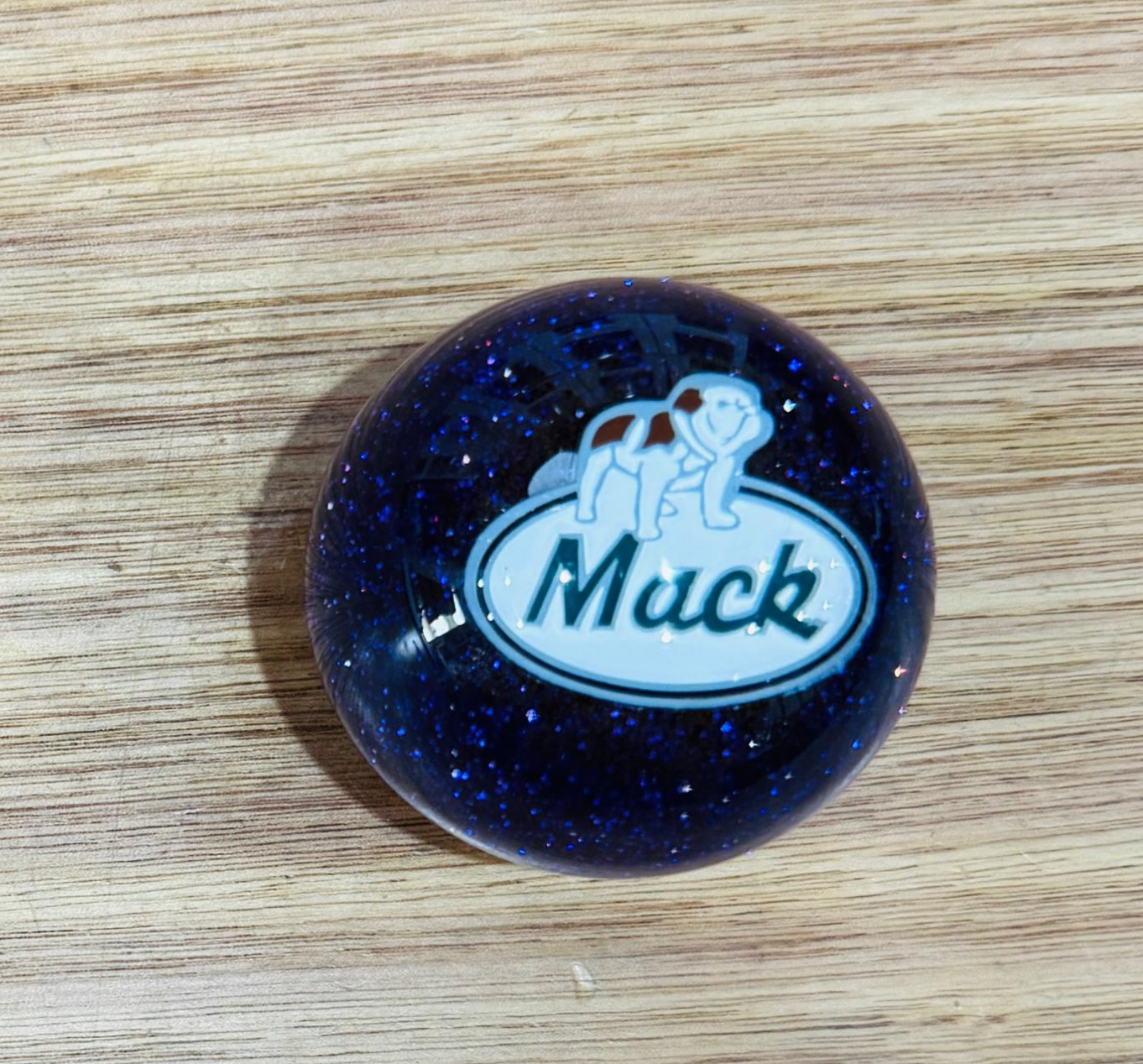 GS-MP1 :  Purple Glitter Gear Shifter Round Knob with Oval green/black/white dog MACK detail
