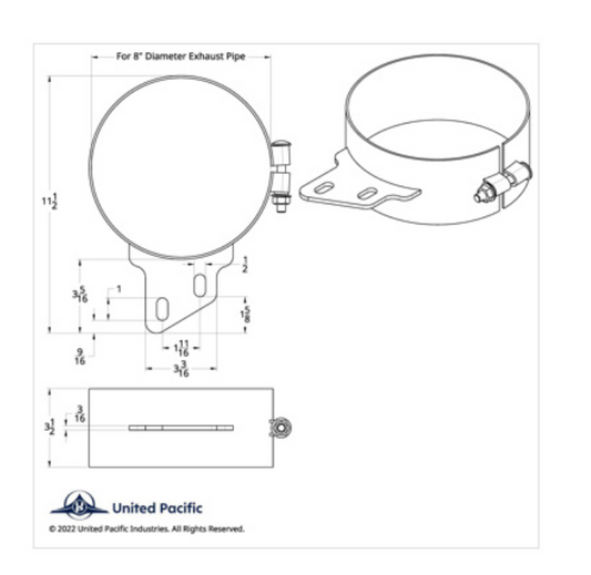 UNITED PACIFIC - 10285 : 8" STAINLESS BUTT JOINT EXHAUST CLAMP - ANGLED BRACKET