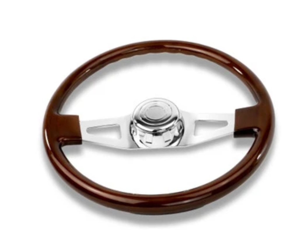 NTP - 18'' WOOD STEERING WHEEL WITH 2 CHROME SPOKES