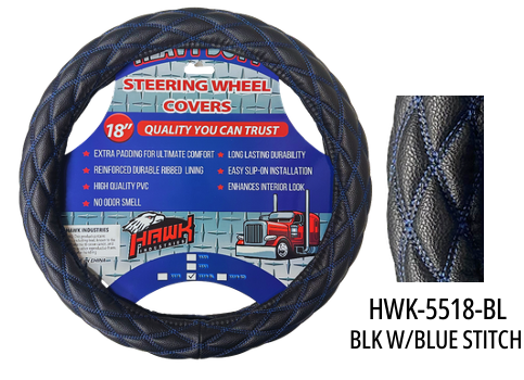 HWK-5518-BL: Diamond double line blue stitch black steering wheel 18"