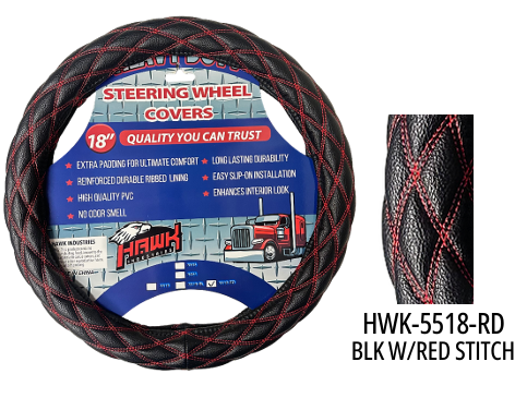 HWK-5518-RD: Diamond double line red stitch black steering wheel 18"