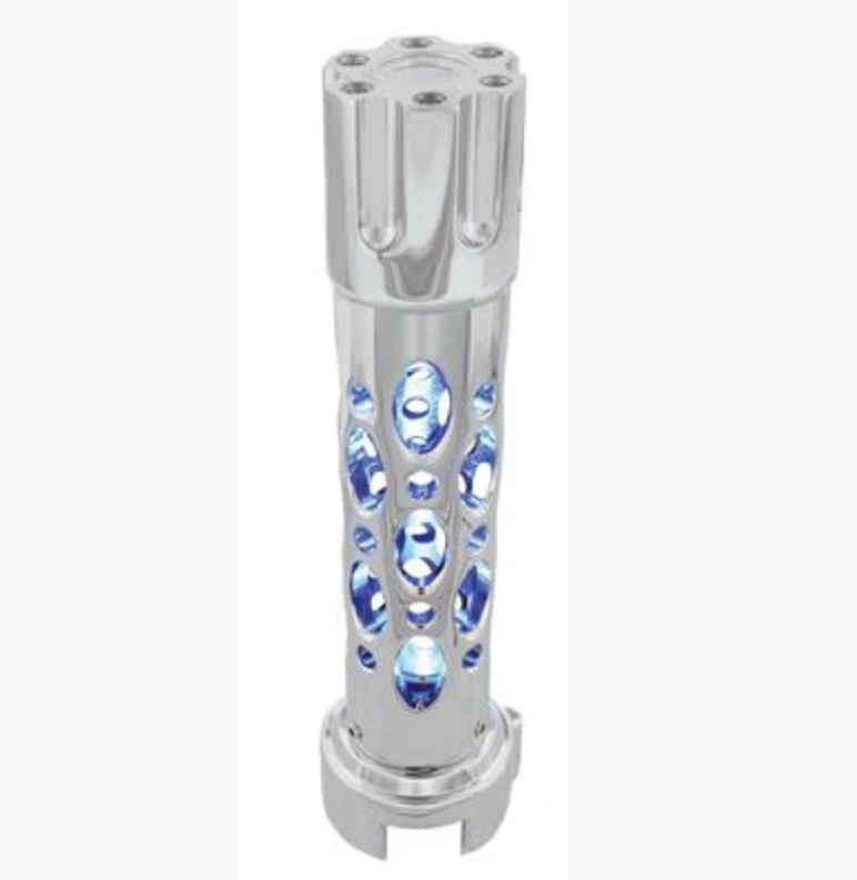 UNITED PACIFIC - 70726: Chrome Austin Style Gun Cylinder Gearshift Knob With LED 13/15/18 Speed Adapter - Blue