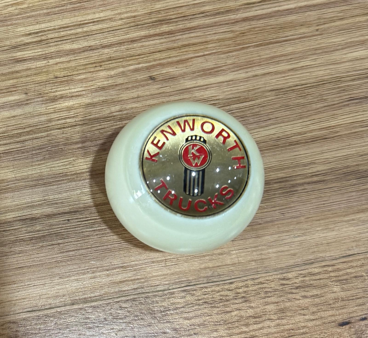 GS-KW1 : White Round Gear Shifter Knob with Round brass/red/black KENWORTH TRUCKS detail - with extended nut at base    x 2
