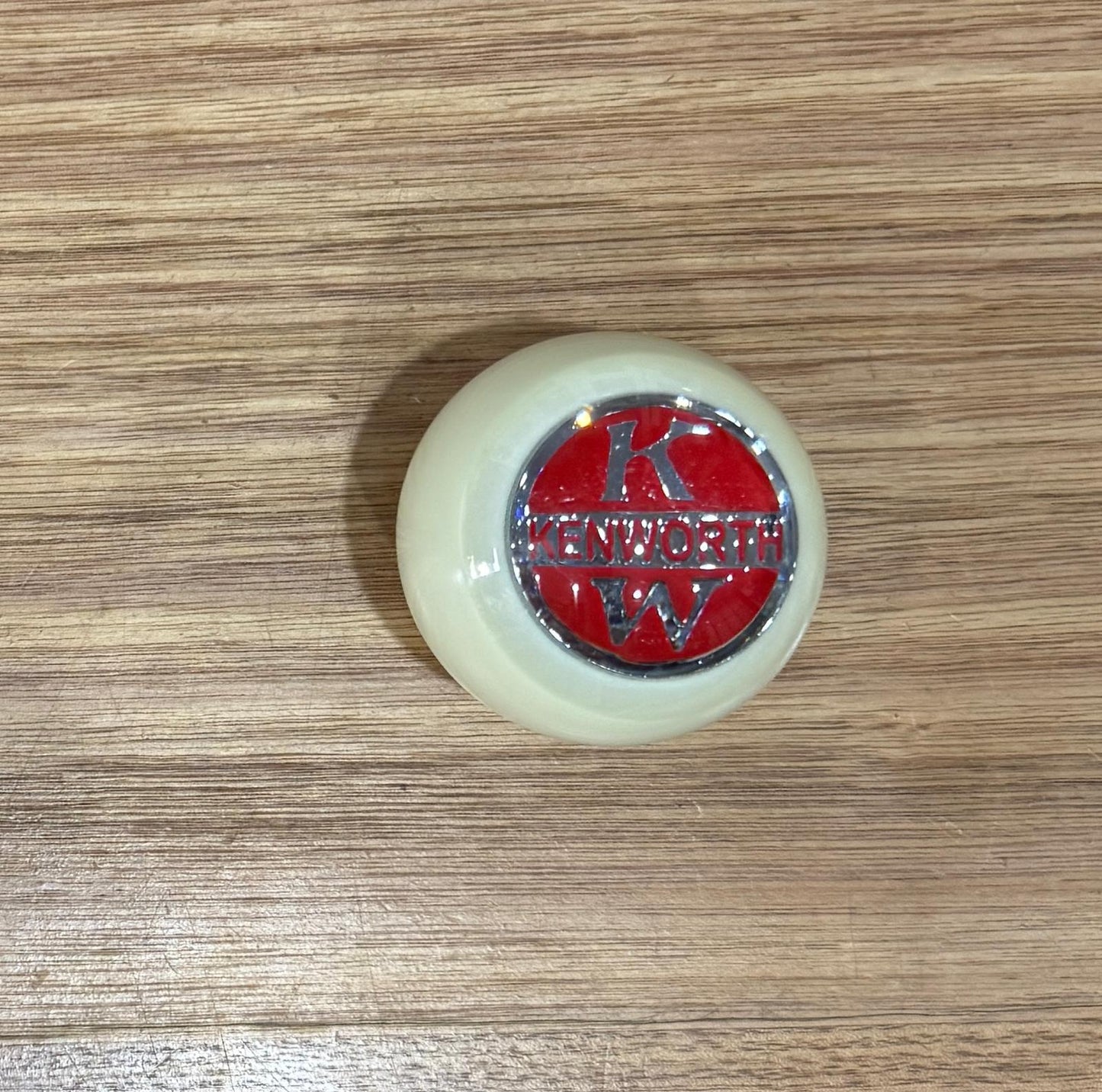 GS-KW2 : White Round Gear Shifter Knob with Round red/silver KENWORTH detail -with extended nut at base