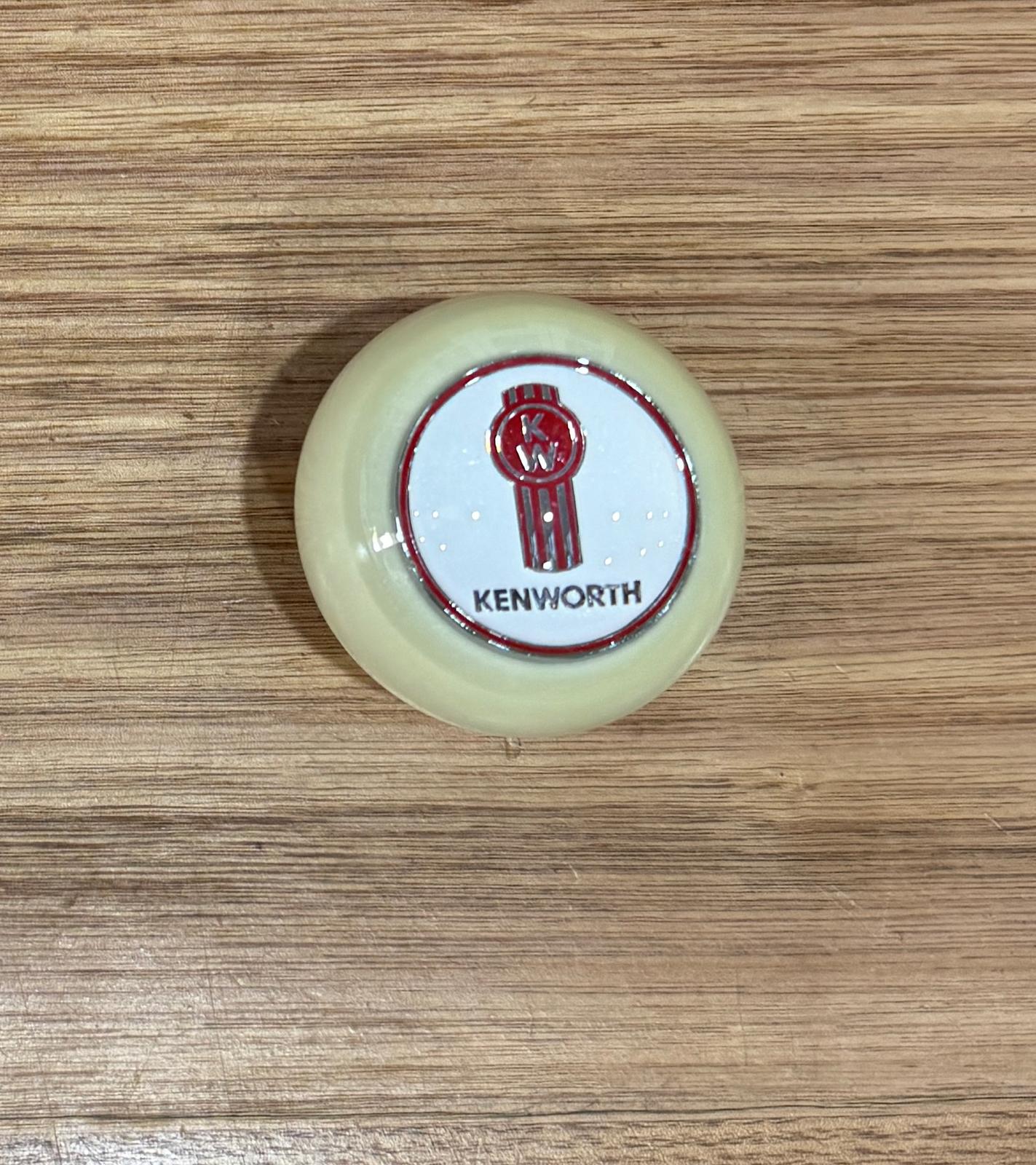 GS-KW3 : White Round Gear Shifter Knob with Round white/silver/red KENWORTH KW detail - with extended nut at base