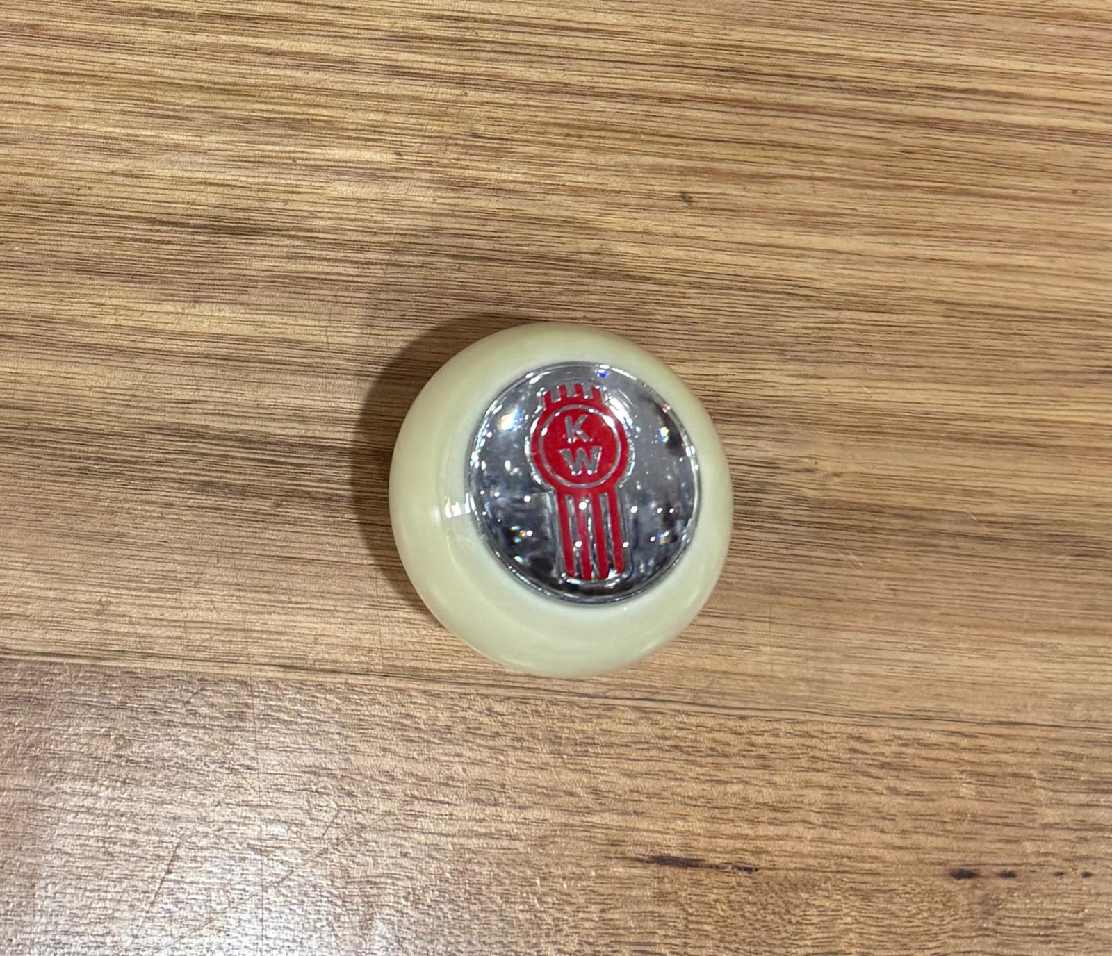 GS-KW4 : White Round Gear Shifter Knob with Round red/silver KENWORTH KW detail - with extended nut at base