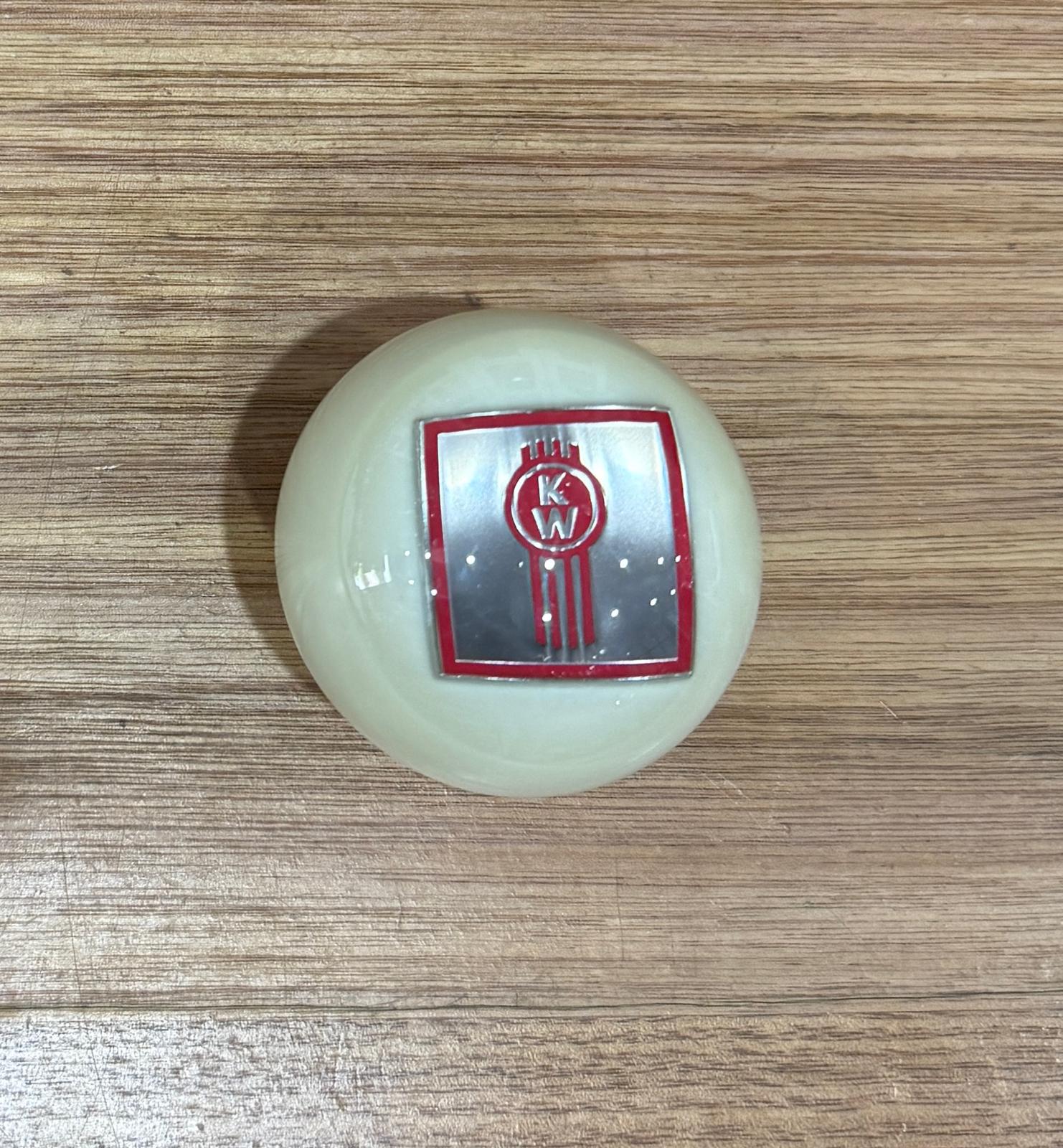 GS-KW7 : White Round Gear Shifter Knob with Square silver/red KW detail - with extended nut at base