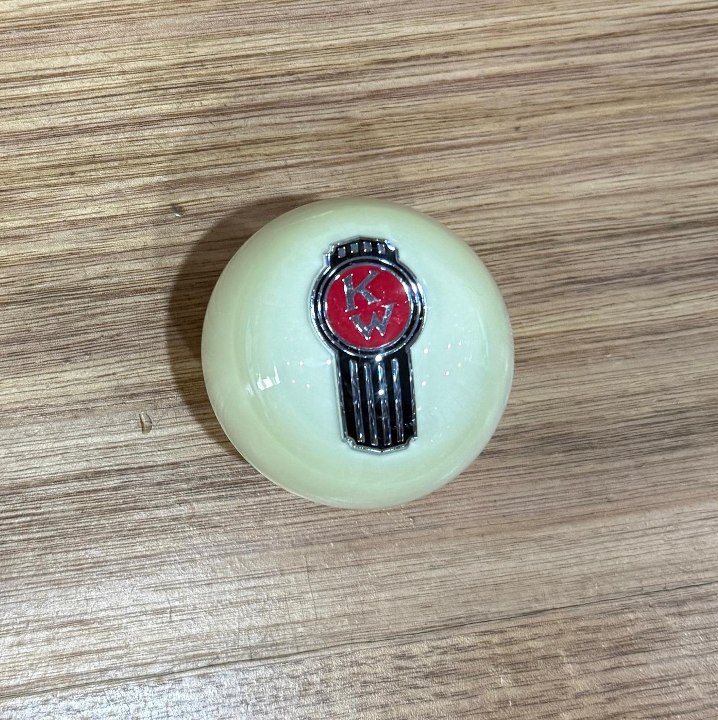 GS-KW9 : White Round Gear Shifter Knob with black/silver long KW detail - with extended nut at base