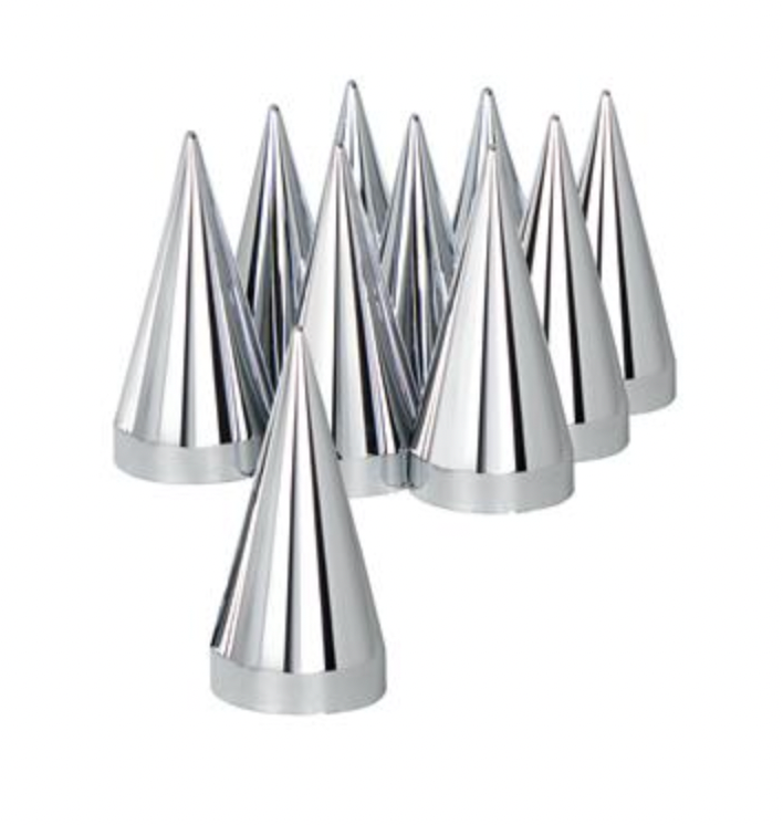 UNITED PACIFIC - 10780 : 33mm x 4-1/2" Chrome Plastic X Spike Nut Covers - Thread-On (Box Of 10)
