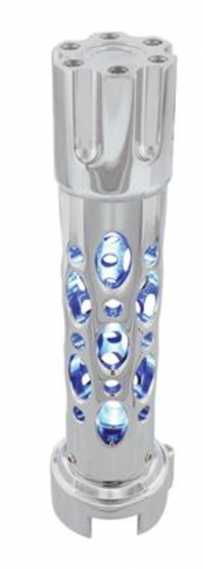 UNITED PACIFIC - 70726: Chrome Austin Style Gun Cylinder Gearshift Knob With LED 13/15/18 Speed Adapter - Blue
