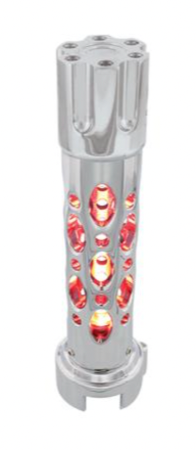 UNITED PACIFIC - 70725 : Austin Style Gun Cylinder Gearshift Knob With LED 13/15/18 Speed Adapter - Chrome/Red LED