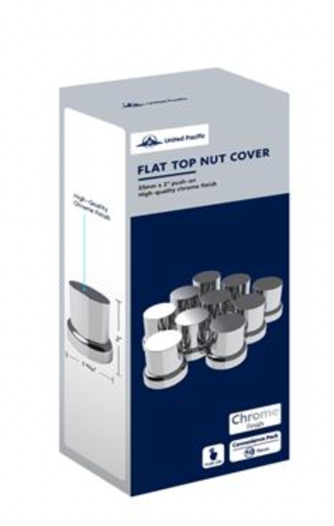UNITED PACIFIC - 10772 : 33mm X 2" Chrome Plastic Flat Top Nut Covers With Flange - Push-On (10-Pack)